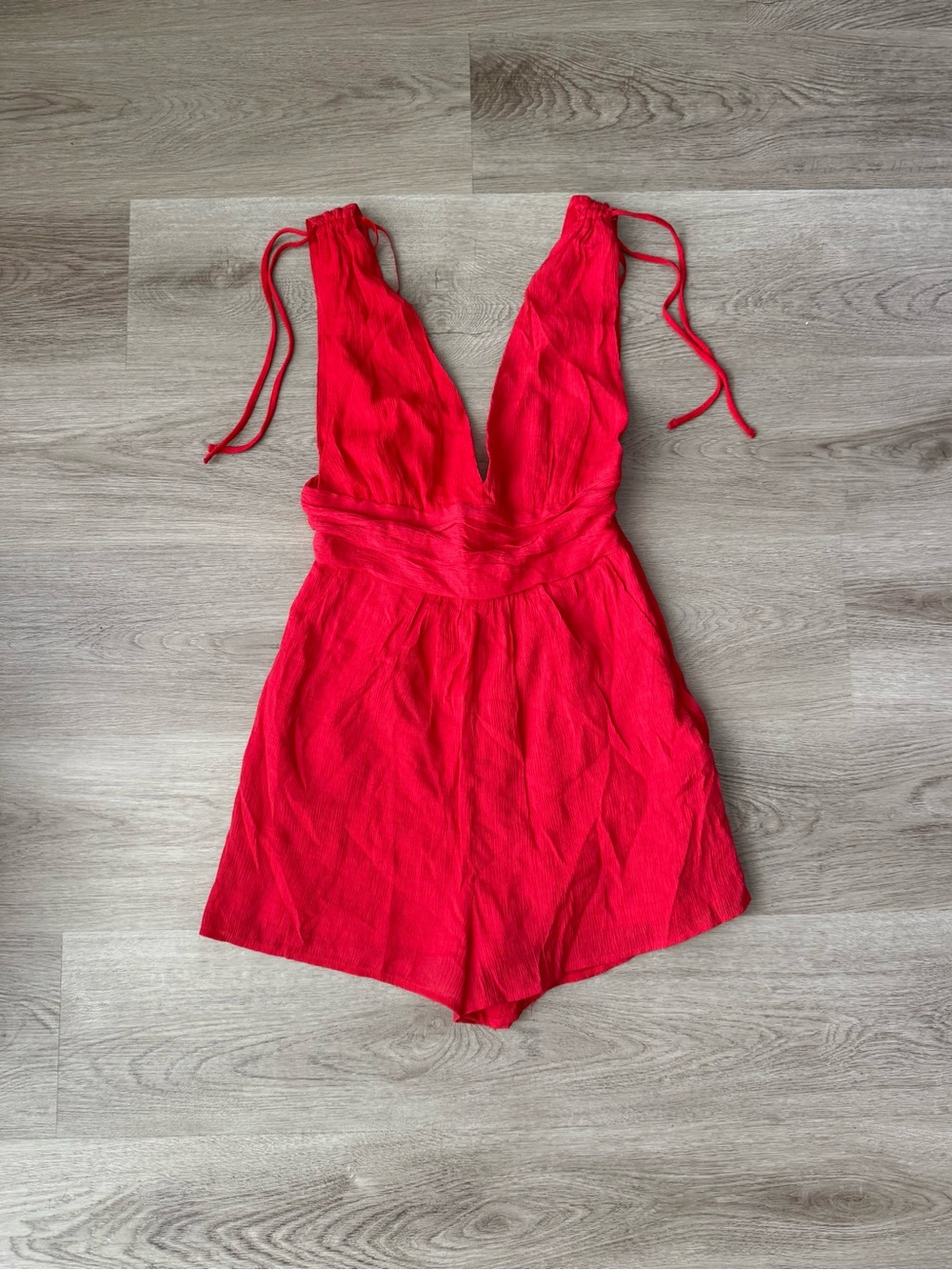Red V-Neck Sleeveless Romper with pockets